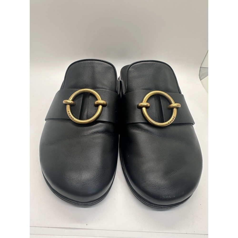 FRAME Le Aspen Leather Mules Noir Gold Ring EU 37.5 US 7.5 Spain